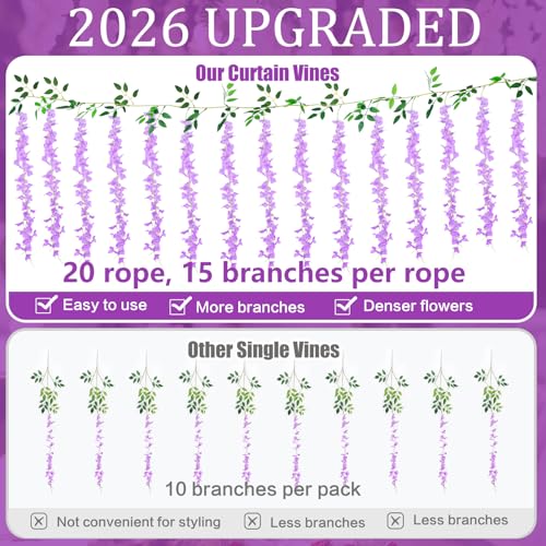 300 Branches Wisteria Hanging Flowers,20Pcs Total 120ft Purple Wisteria Artificial Flowers Garland Vine Silk Hanging Flowers for Wedding Party Arch Ceremony Garden Home Backdrop Decor - color: Purple, size: 20