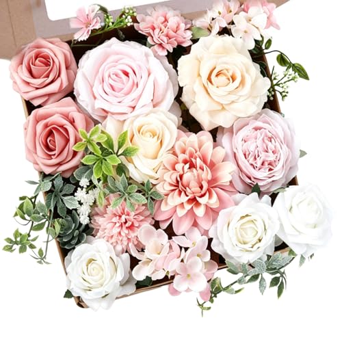 Pink Artificial Flowers Combo, Fake Flowers Mixed Rose Peonie Dahlia, Pink White Silk Flowers with Stems for Wedding Bouquets Centerpieces Floral Arrangements Party Baby Shower Home Decor - color: Pink & White