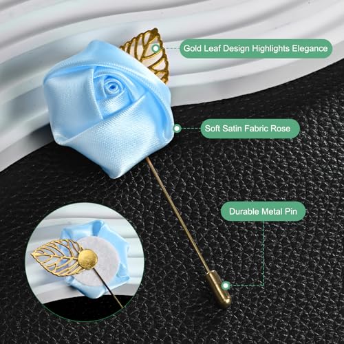 M METERXITY 48-Pack Flower Lapel Pins for Men, Golden Leaf Rose Boutonnieres Pin Groom Boutonnieres for Wedding/Dance/Party, Men Lapel Pins for Suits Satin Flower Corsage [Light Blue] - color: Light Blue