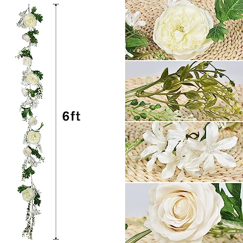 Lvydec 2 Pack Artificial Peony Garland - 6ft Silk White Peony Flower Arch Vine for Wedding Party Table Decoration