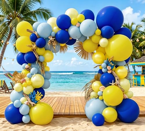 Blue and Yellow Balloon Garland Double Stuffed Pastel Yellow Dusty Blue Balloon Arch Kit for Summer Tropical Hawaiian Luau Lemon Baby Shower Birthday Wedding Party Decor - color: Yellow Blue