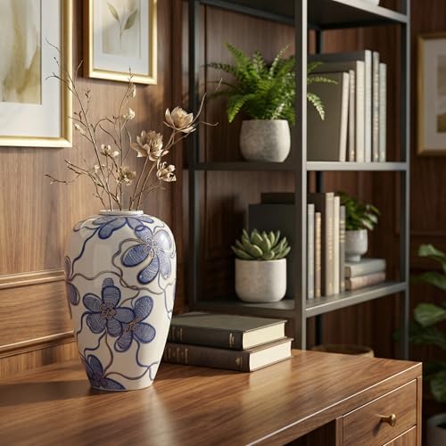 Blue and White Ceramic Vase for Home Decor – Hand-Painted Porcelain Flower Vase with Gold Accents – Chinoiserie-Inspired Home Decor Vase – 11" for Table, Shelf, or Mantel - size: 11"