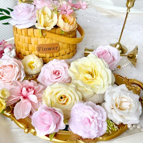 Creamy Yellow Pink Silk Artificial Flowers Combo Box Set Pastel Roses Flowers Dahlia DIY Bridal Wedding Bouquets Cake Boho Fake Floral with Stems Arrangements Baby Shower Party Table Centerpieces - color: Pink, Yellow