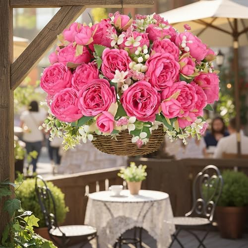 Peonies Artificial Flowers 12 Bundles Pink Flowers Bouquet, Lifelike Silk Fake Peonies with Stems for Home Table Centerpieces, Wedding, Party & DIY Bridal Floral Arrangements (Rose red) - color: Rose Red