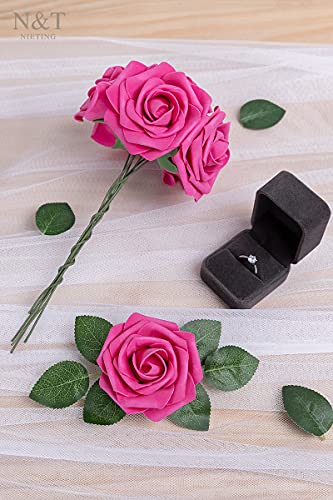 N&T NIETING Artificial Flowers, Hot Pink Artificial Roses, 50pcs Fake Flowers with Stem for DIY Wedding Bouquets Centerpieces Bridal Baby Shower Party Home Arrangement Decoration - color: Hot Pink, size: 50pcs