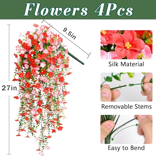 Waipfaru 4 Pcs Artificial Hanging Flowers for Outdoors, Fake Hanging Plants for Outdoor, UV Resistant Silk Faux Violet Flowers Spring Summer Decor for Planter Porch Patio Indoor Decoration, Red - color: Red