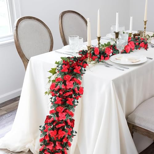 3PCS Artificial Flowers Spring Flower Garland Artificial Rose Vine Hanging Decoration for Wedding Wall Arch Party Backdrop(3, Red) - color: Red