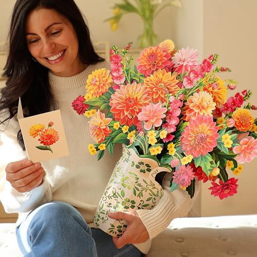 Freshcut Paper Grande Dahlia Sunrise 20.5 Inch Life-Sized 3D Pop Up Cards – Greeting Card, Birthday, Mothers Day, Thank You, Gifts for Mom and Her – Includes Notecard and Envelope - color: Dahlia Sunrise, size: Grande