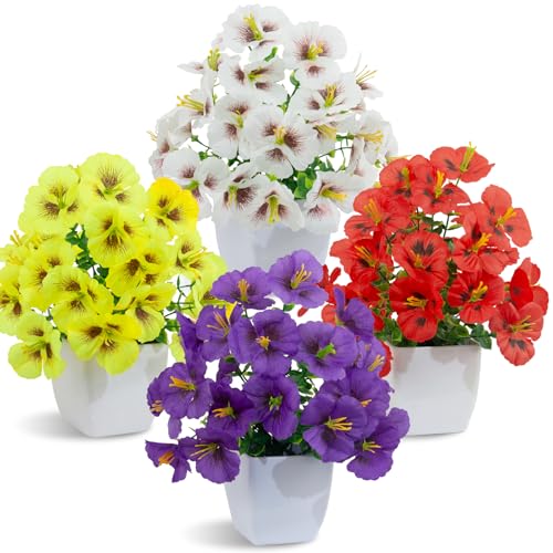 LOYWREE 4 Pack Small Artificial Pansy Flowers Fake Plants in White Pots, Mini Potted Floral Spring Decorations for Home Bathroom Shelves Office Desk Table Centerpiece Indoor Decor - color: Pansy-white Pot, size: White Pot