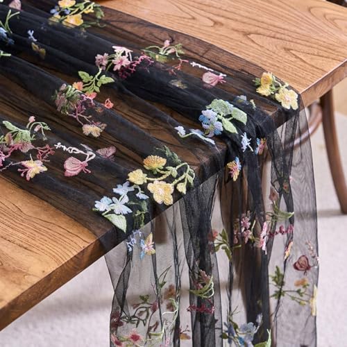 vctops 2 Packs Embroidery Lace Halloween Table Runner 10ft Floral Garden Seasonal Tulle Table Runner Holiday Kitchen Dining Table Decoration for Wedding Party Baby Shower Birthday (Black,30"x120") - color: Black