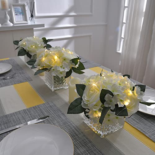 Fule Artificial Silk Rose Flower Centerpiece Arrangement in Glass Vase with LED Light for Home Wedding Decoration (Spring White) - color: Spring White