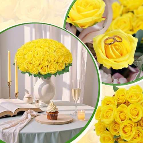 72 Pcs Artificial Roses Yellow Fake Silk Roses Realistic Roses Faux Flower Indoor Wedding Home Decor, Birthday Decorations - color: Yellow