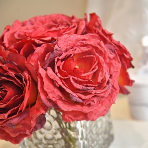 Artificial Rose in Glass Vase Vintage Silk Flower Arrangement with LED Light for Table Centerpiece Home Wedding Decoration (Red) - color: Red