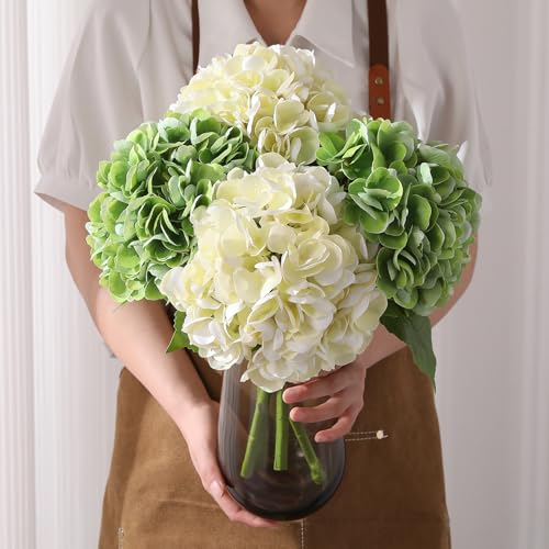 Nubry 4Pcs Hydrangea Artificial Flowers, 22.5In Latex Faux Real Touch Large Hydrangea Flowers with Long Stems & Leaves for Home Office Decor Wedding Party Arrangements(Beige&Green) - color: Beige&green, size: 4 Pcs