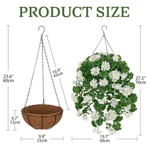 Artificial Geraniums Flowers with Hanging Baskets for Outdoors, Realistic White Geraniums Flowers Vines Artificial Hanging Planters for Indoor Outdoor Patio Porch - color: White, size: Large