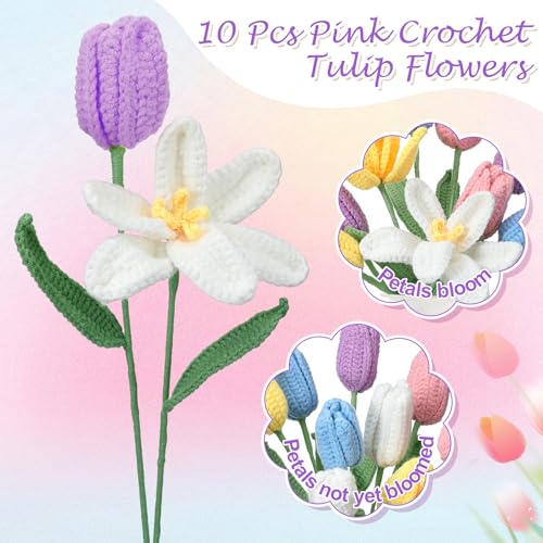 Shihanee 10 Pcs Tulip Crochet Flowers Bouquet Handmade Knitted Flower Decor Birthday Gifts for Women Grandma Spring Home Vase Centerpiece, 13.7", Vase Not Inchluded(Purple, White, Pink, Yellow, Blue) - color: Purple, White, Pink, Yellow, Blue