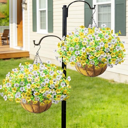 2 Pack Artfiticial Hanging Flowers Baskets for Outdoors, UV Resistant Faux Hanging Plants, 24 Pcs Fake Silk Flowers for Patio Garden Front Porch Balcony Decor (Yellow White) - color: Yellow White