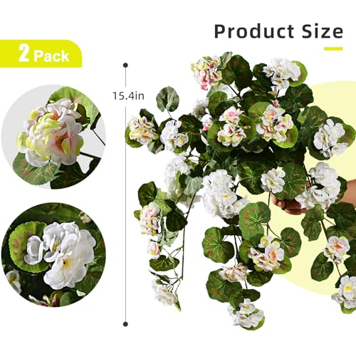 Artificial Geranium Flowers for Outdoor 2 Pcs Artificial White Flower Fake Flowers with Stems Silk Realistic Look Real Floral Arrangement for Front Door Porch Planter Patio Balcony (2 Pcs White) - color: 2 Pcs White