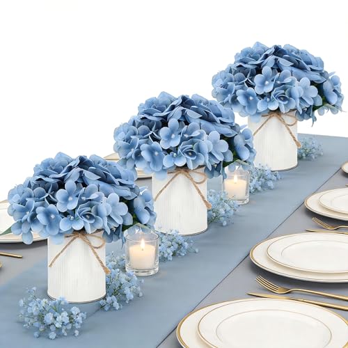 Flower Table Centerpieces - Set of 6 Floral Arrangement Artificial Wedding Hydrangeas Floral Arrangement with Rustic Metal Vase for Bridal Tea Party Event Decorations - Dusty Blue - color: Dusty Blue