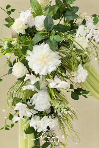 Ling's moment Wedding Arch Flowers Kit Pack of 4, 2pcs Hanging Artificial Flower Arrangements 2pcs Chiffon Drapes, Spring Ceremony Reception Fake Rose Arbor Backdrop Floral Outdoor Decor, White Green - color: Wht-white & Lily & Olive