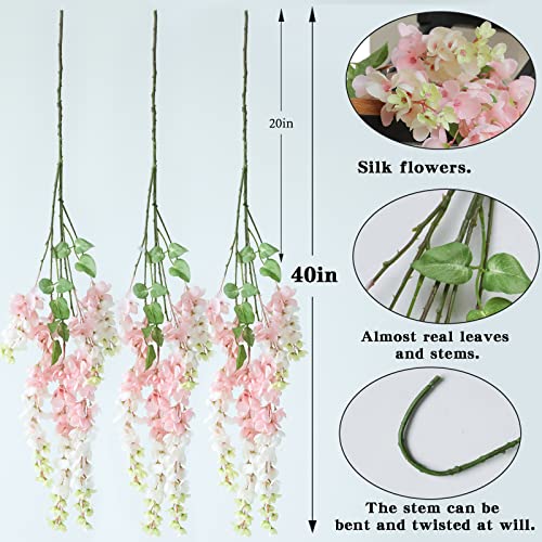 Dailisen 3 Strands 40'' Silk Blush Wisteria Artificial Flowers, Fake Wisteria Floral Hanging Plant Garland, for Home Decor, Party, Floor Vase, Balcony, Wedding Arrangement Decoration (Blush) - color: Blush