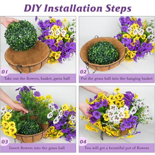 SupBri Artificial Pansies Hanging Flowers with Basket & 2 Fake Butterflies, Silk Flowers for Outdoor Spring Summer Decor, UV Resistant Hanging Plants for Garden Porch Patio (1 Set - color: Hanging Set (Yellow/Purple/White )