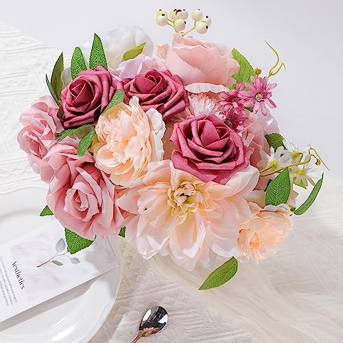 Rose Artificial Flowers Combo Fake Flowers Pink Roses Silk Flowers with Stems for Valentine's Day DIY Wedding Bouquets Centerpieces Arrangements Table Party Baby Shower Home Decor (Champagne Pink) - color: Champagne Pink