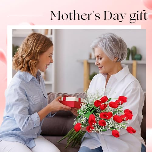 Hotop 30pcs 24 Inch Tulips Artificial Flowers Mother's Day Fake Tulip Fake Baby's Breath Flower Artificial Flower Decorations Bouquet for Home, Wedding, DIY Gift Party(Red, White) - color: Red,white