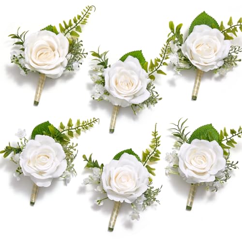 Serwalin 6 Pcs White Rose Boutonniere for Men, Groom Groomsmen Best Man Guest Boutonnieres，Artificial Flowers Silk Rose for Wedding Prom Ceremony Anniversary Party Homecoming - color: Ivory White, size: Boutonniere 6pcs