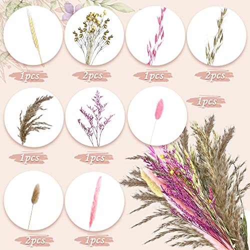 Natural Boho Cake Topper Vintage Artificial Flowers Leaves Various Dried Pampas Grass Cake Decor for Wedding Bridal Birthday Party Supplies (Pink) - color: Pink
