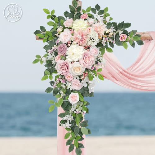 Odouzy Wedding Arch Flowers Kit,Artificial Flower Arch Decor (Set of 3),2pcs Artificial Flower Arrangement with 1pc Sheer Drape for Wedding Decor Reception Backdrop Floral Decorations (Light Pink) - color: Light Pink