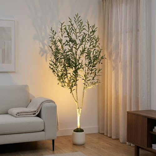 6ft (180 cm) Artificial Olive Tree with White Pot, Moss & USB LED – 943 Leaves, 52 Olives, Lifelike Fake Indoor Potted Plant for Home, Living Room, Office & Bedroom Decor - size: 6ft