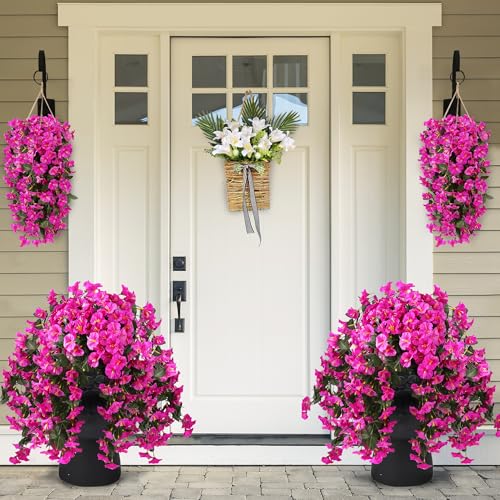 Sggvecsy Artificial Fake Hanging Flowers Plants for Outdoor Outside Spring Summer Decoration 2PCS Faux Silk UV Resistant Realistic Morning Glory Trailing Vines for Home Porch Patio Balcony(Purple red) - color: Purple Red, size: 2Pcs