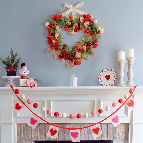 Suncalla 17.7 Inches Heart Rose Wreath Pink Floral Valentine Wreath with Ribbons Artificial Rose Wreaths for Christmas Party Gifts Front Door Valentine's Day Wedding Decoration - style: Roses