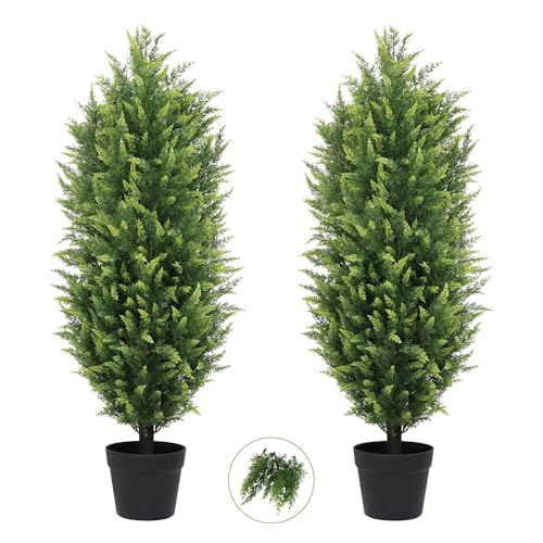 THE BLOOM TIMES 3FT Tall Artificial Cedar Topiary Trees Set of 2, UV Resistant Large Faux Cypress Evergreen Plants for Outdoor Planters, Realistic Fake Bushes & Shrubs for Front Porch Decor - color: Lush Cypress Trees, size: 3 Foot
