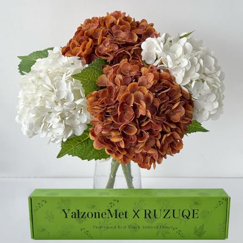 YalzoneMet 2 White 2 Orange Brown Hydrangea Artificial Flower Lifelike 21'' Long Stem Real Touch Hydrangea Latex Flower Bouquets for Fall Home Decor Bronze Vintage Boho Table Centerpiece - color: White Orange Bronze