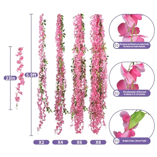 ARTKAIKE Artificial Flowers Garland for Home Decor, Fake Wisteria Vine Silk Hanging Plant Flower for Room Bathroom Wall Kitchen Bedroom Garden Outdoor Wedding Decor (4, Dark Pink) - color: Dark Pink