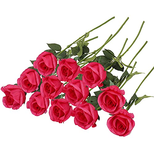 Grand Verde Roses Artificial Flowers Bulk Real-Touch Bouquet Latex Full Blossom Faux Heads 22” Long Stems Luxury Home Indoor Decor, 12pcs (Fuchsia-Pink) - color: Fuchsia Pink
