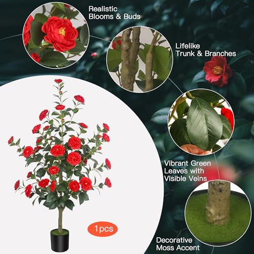 1Pack 47.24"/3.94FT Artificial Camellia Trees with 36 Red Flowers in Cement Pots – Lifelike Fake Trees for Front Porch, Home, Indoor Outdoor Spring Decor, Office or Housewarming Gifts - color: Red, size: 3ft 11in