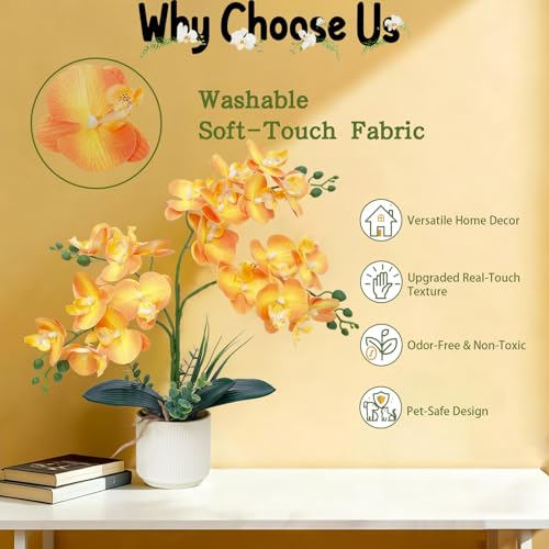 ucky Orange 15.7" 3D Lifelike Artificial Orchid Plant with 20 Heads, Realistic Faux Phalaenopsis in Ceramic Pot for Home Decor, Elegant Fake Flower Arrangement Table Centerpiece - color: Orange