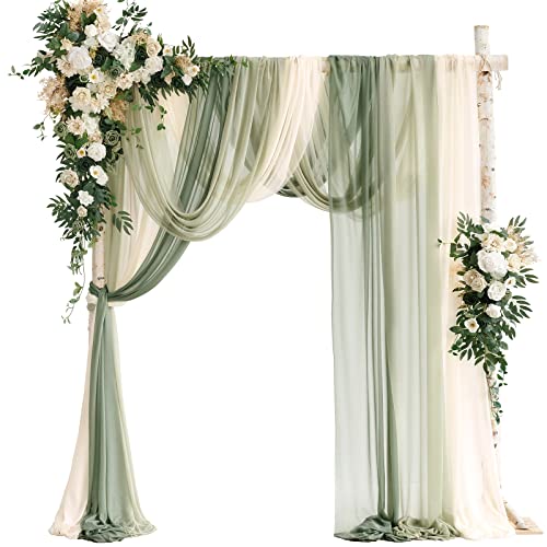 Ling's moment Wedding Arch Flowers with Sheer Drapes Kit - Artificial Spring Green Rose Floral Arrangements for Ceremony Backdrop, Arbor Decor, 5-Piece Set (2 Flower Stems + 3 Hanging Drapes) - color: Grn-emerald & Tawny Beige