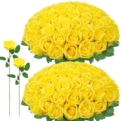 72 Pcs Artificial Roses Yellow Fake Silk Roses Realistic Roses Faux Flower Indoor Wedding Home Decor, Birthday Decorations - color: Yellow