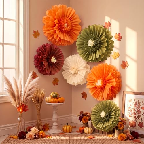 Giegxin 6 Pcs Large Colorful Tissue Paper Flowers Mexican Fiesta Wall Decorations Giant Crepe Paper Flowers for Wedding Birthday Bridal Shower Backdrop Party Decor (31.5",24",Orange,Green,Claret) - color: Orange,Green,Claret, size: 31.5", 24"