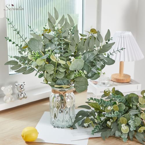 Serwalin 35pcs Artificial Mixed Eucalyptus Stems Leaves Bulk, 4Kinds Fake Greenery Silver Dollar Eucalyptus Leaves Picks,Faux Greenry Stems Sprays for DIY Bouquets Floral Arrangement Home Decor - color: Attractive Forest Green-35pcs