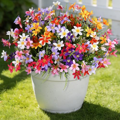 Ammyoo 12 Bundles Artificial Spring Summer Flowers Outdoor Decorations Fake Plants, Realistic Silk Floral Garden Porch Faux Flowers for Outside Planters Decoration(4 Color) - color: Mix No Basket