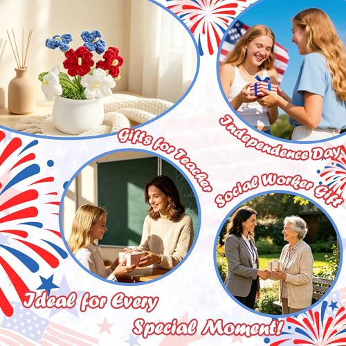 Crochet Flowers for Memorial Day Decorations American 4th of July Patriotic Decor Home Room Dorm Office Desk Accessories Red White Blue Flower Gifts for Independence Day Party - color: Red,white,blue