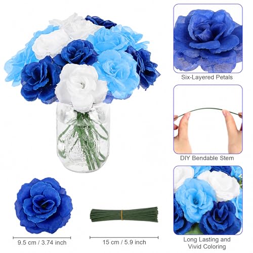 LELEE 108pcs Roses Head Flowers with Stem, Gradient Blue White Artificial Flowers Rose Bulk, Silk Rose Fake Flower for Wedding Bouquet Balls Arrangement Shower Centerpieces Grad Party Tables Decor - color: Gradient Blue&white