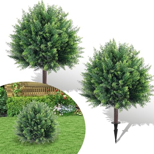Artificial Cedar Christmas Topiary Ball Trees with Ground Spike, 2 Pack UV Resistant Artificial Shrubs Bushes, Fake Plants for Outdoor Front Porch Garden Decor - color: 2 Pack 23" Cedar