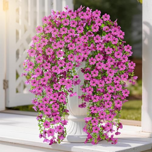 Artificial Hanging Flowers for Outdoors, 6PCS Faux Silk Artificial Flowers for Outdoors, UV Resistant Fake Flowers, No Fade Trailing Greenery, Decor for Home Porch Patio Balcony Garden Yard - color: Purple