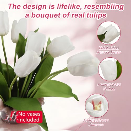 10 Stems Artificial Tulips Bouquet 14" Fake Tulips Flowers Realistic Faux Flowers for Wedding Home Party Decor Spring Decor Valentine's Day and Easter Decorations(White) - color: White